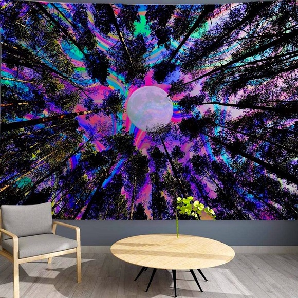Retro Trippy Neon Forest Colorful Hallucinating Tapestry Room/Dorm Wall Art/Deco - Picture 6 of 6